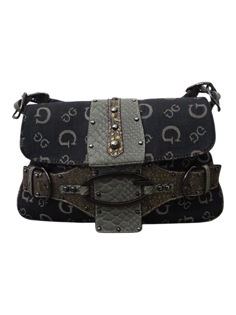 Y2K Guess Shoulder Bag In Black Denim With Sage Green Faux Snakeprint